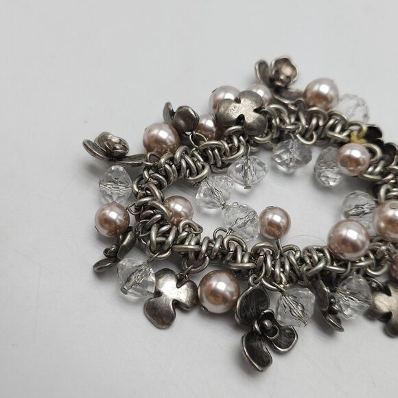 Vintage Silver Tone Charm Flower Bracelet With Faux Pearl Crystal Cha Cha - Picture 5 of 5